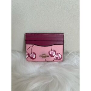 Coach Cherry Print Card Case Pink Burgundy Leather ID Window Wallet CH533